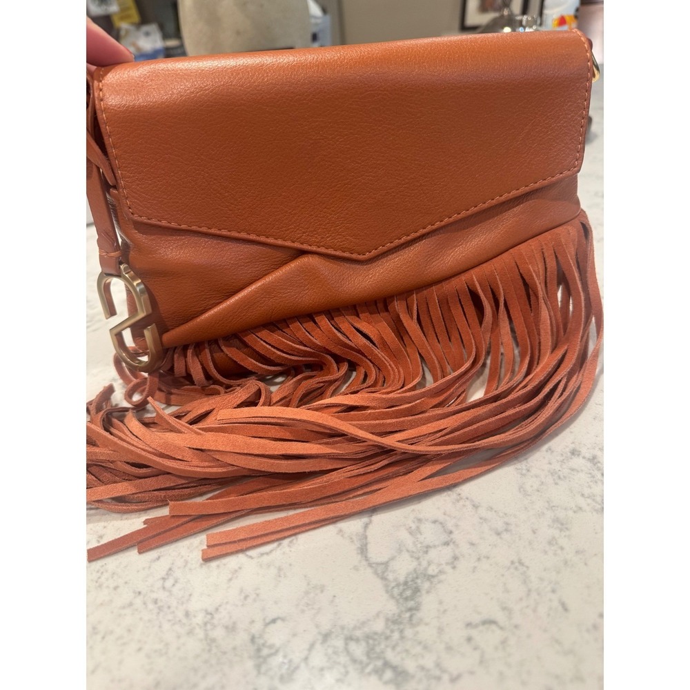 Schutz The Blossom Bag Brown Leather Fringe Clutch Pouch‎ Western Boho Cognac